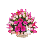 Canasta con 48 rosas Rosadas y Fucsias