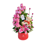 Box con 12 Rosas Rosadas + Osito