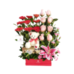 Box con 8 Rosas Rojas + Osito + Ferrero